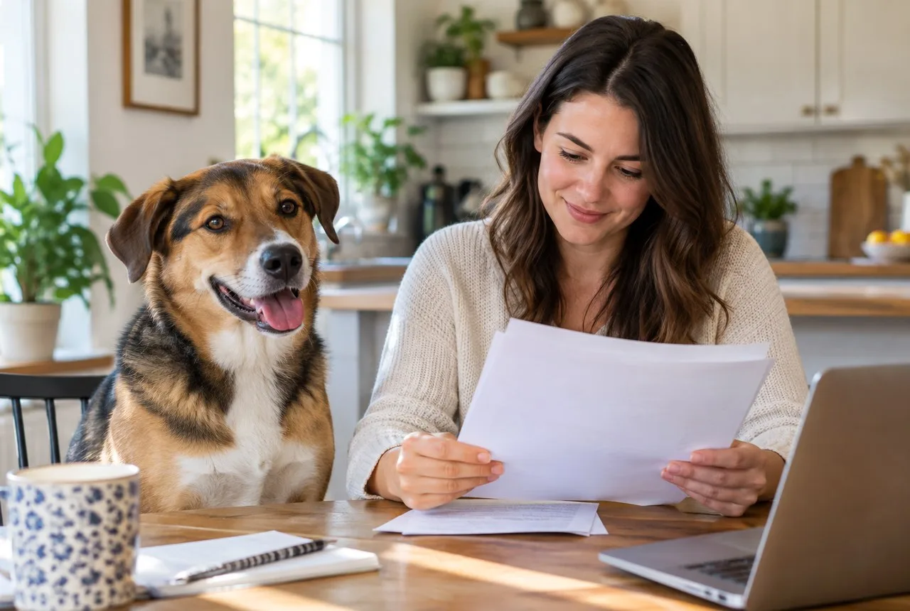 Owner reviewing paper at table with brown-and-black dog